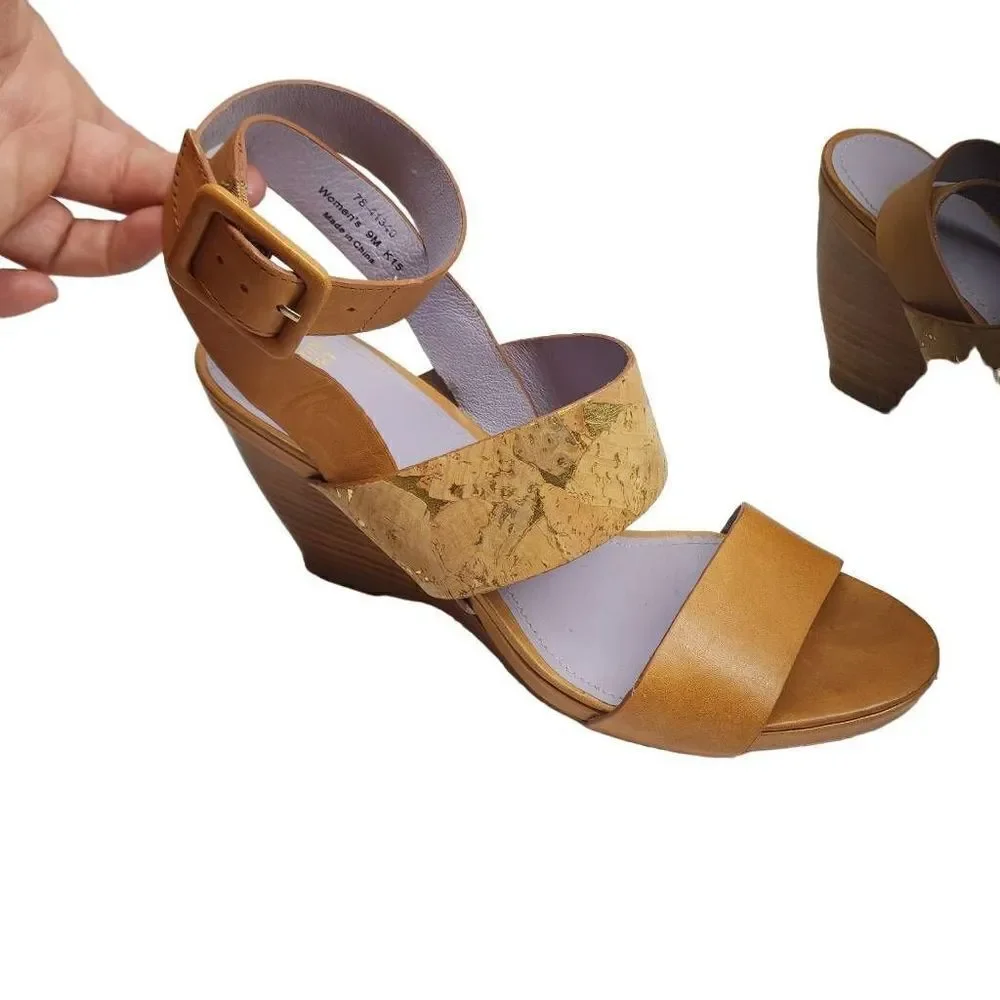 Tan Cork Wedge Sandals with Ankle Buckle